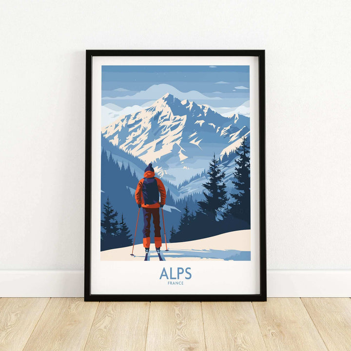 Alps Ski Print featuring a skier against stunning snowy mountains in France, perfect for home or office decor.