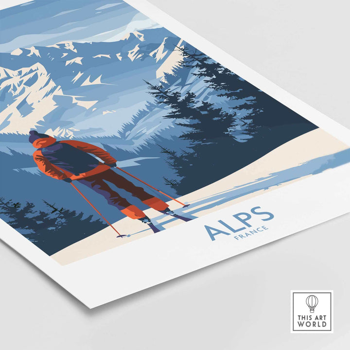 Alps Ski Print showcasing a skier against stunning snow-capped mountains in France, capturing the essence of winter adventures.