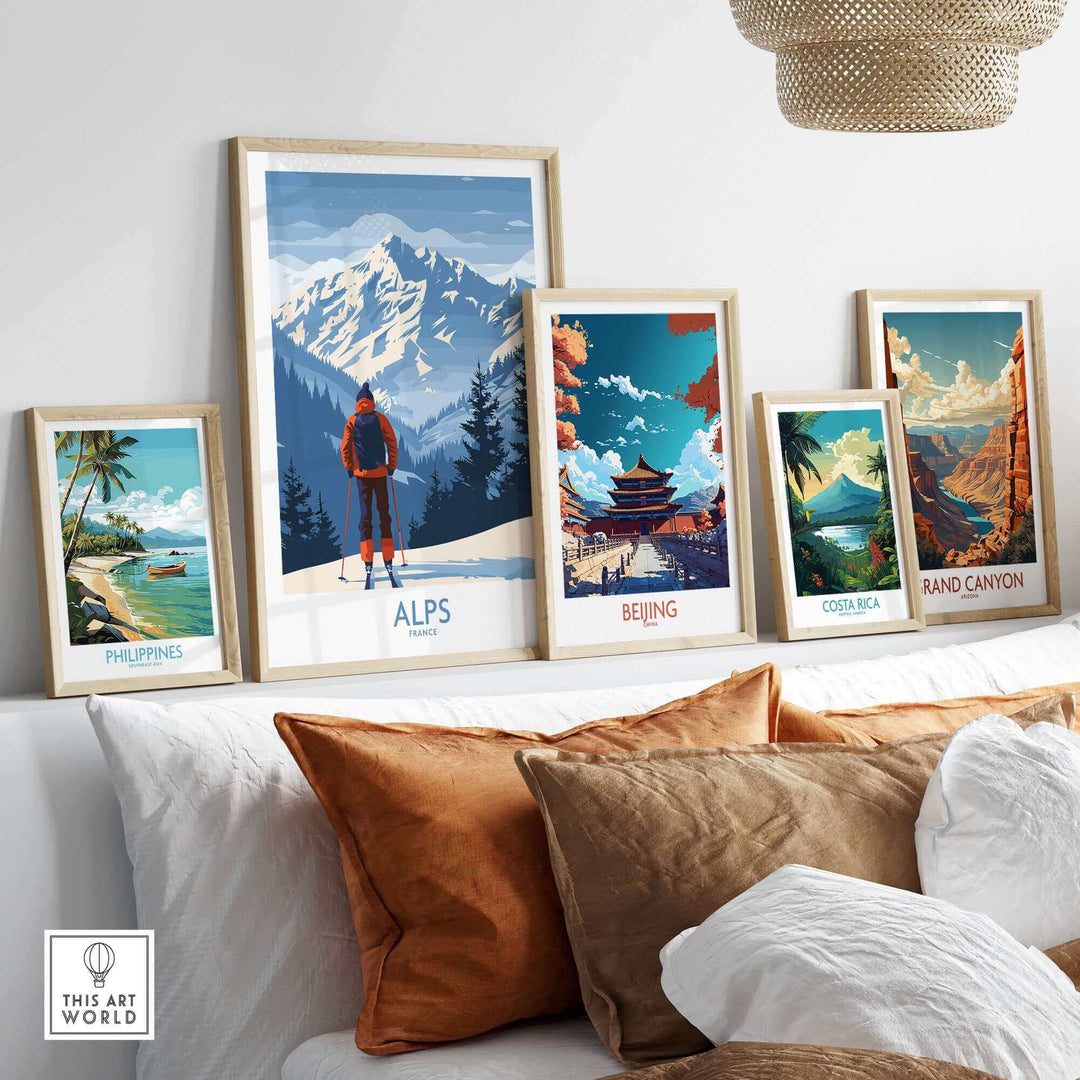 Framed travel posters featuring Alps, Beijing, Costa Rica, and the Grand Canyon displayed in a modern living room setting.