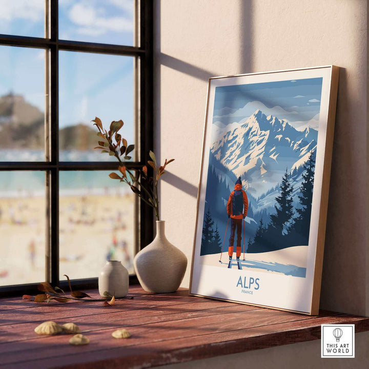 Alps Ski Print featuring snow-capped mountains and a skier, perfect for home or office decor. Embrace your skiing memories.