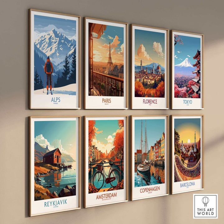 Vintage travel posters featuring iconic cities and landscapes: Alps, Paris, Florence, Tokyo, Reykjavik, Amsterdam, Copenhagen, Barcelona.