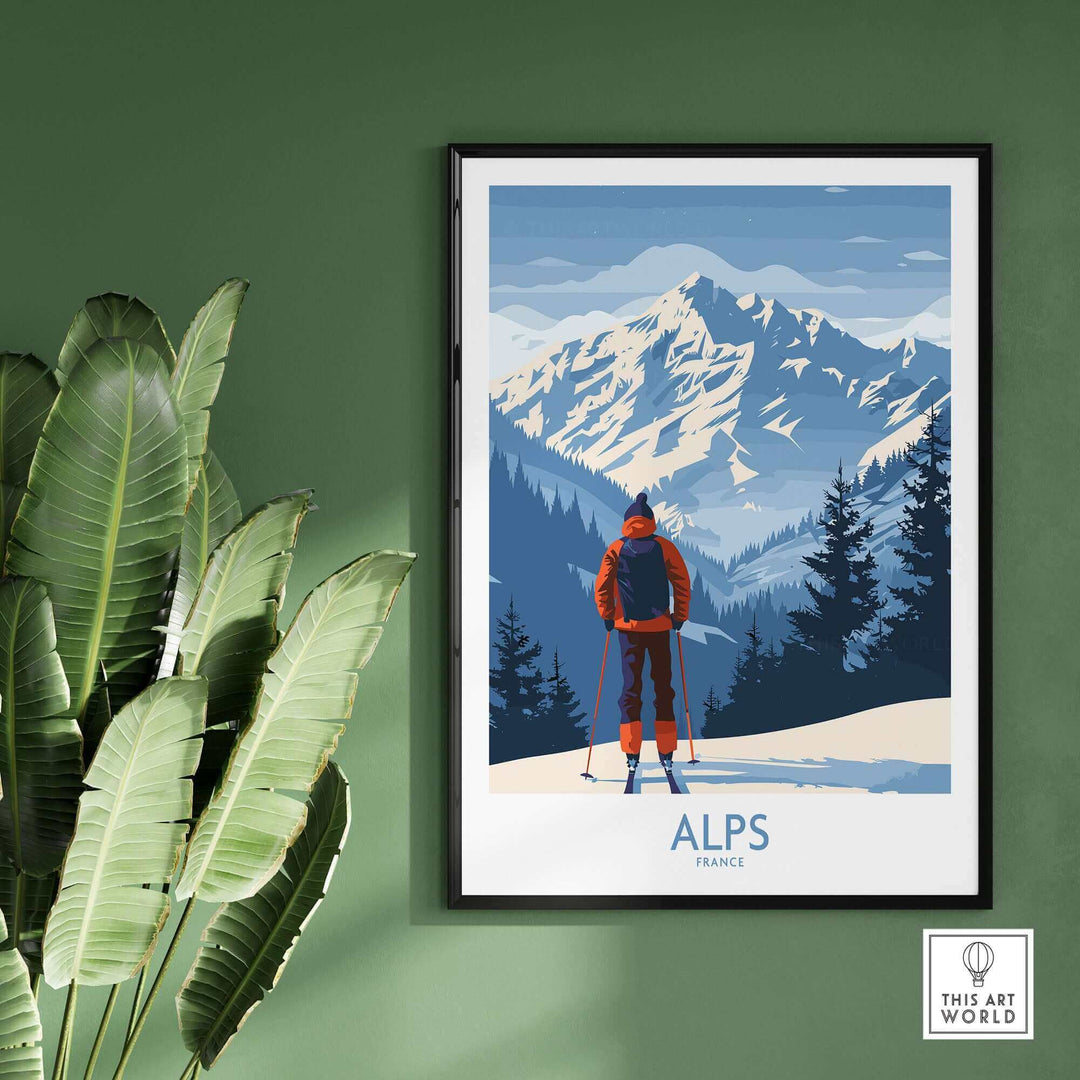 Alps Ski Print featuring a hiker in front of snow-capped mountains, perfect for adding adventure decor to your home or office.