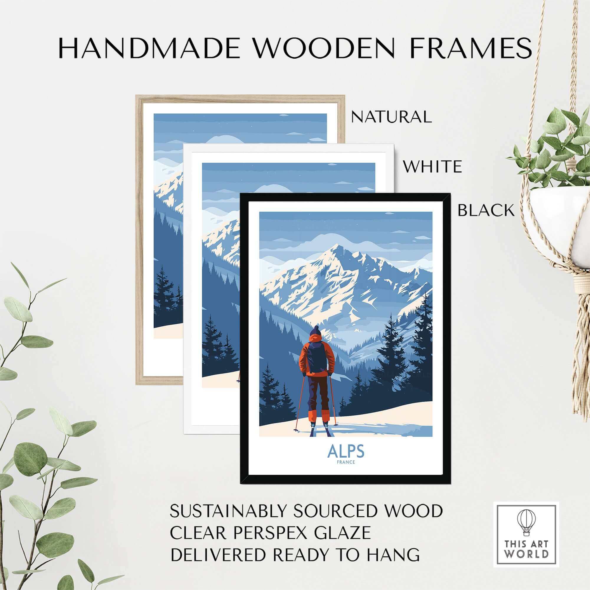 Handmade wooden frames in natural, white, and black showcasing the Alps ski print, ready to hang with sustainable materials.