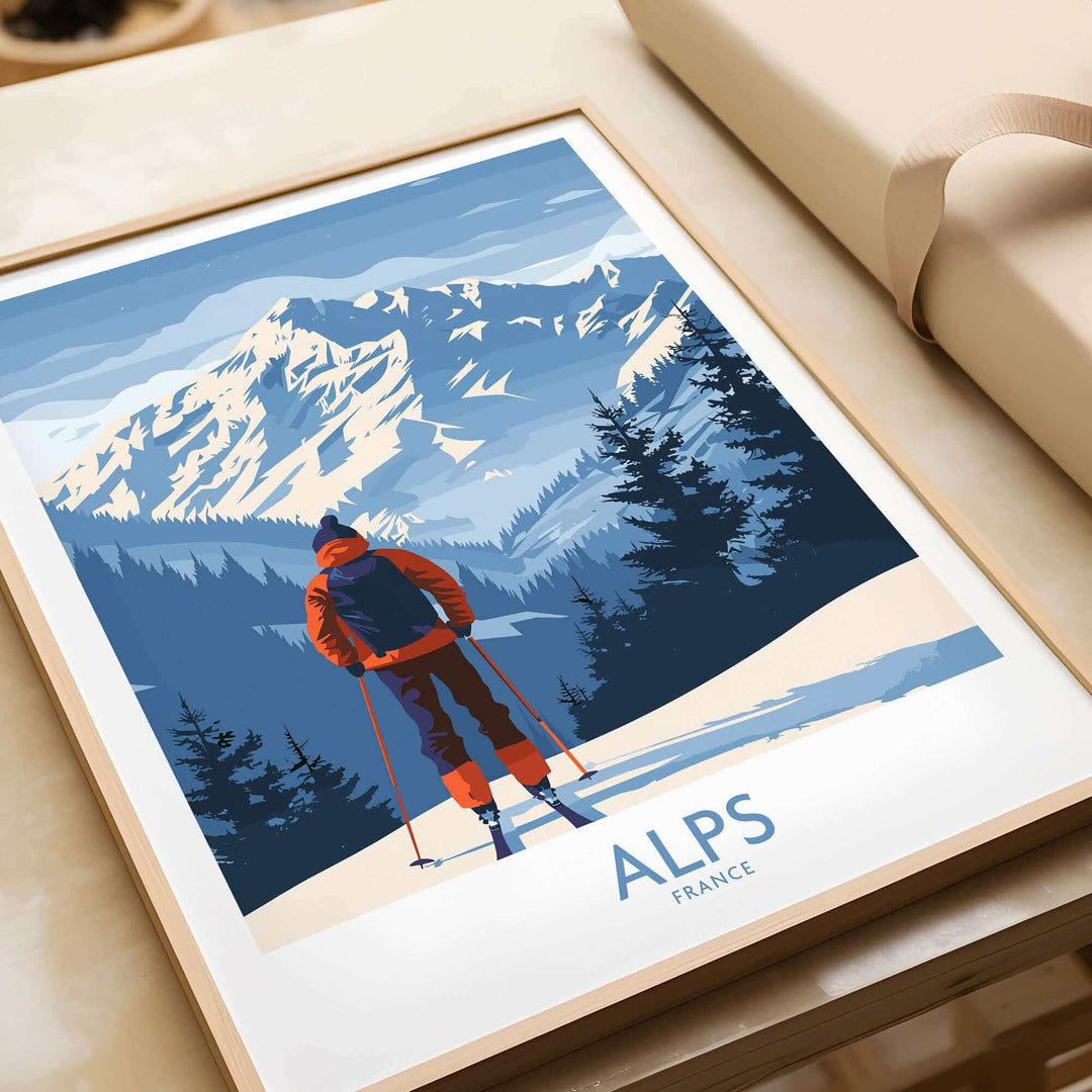 Alps ski print featuring a skier in the snowy mountains of France, perfect for home or office decor.