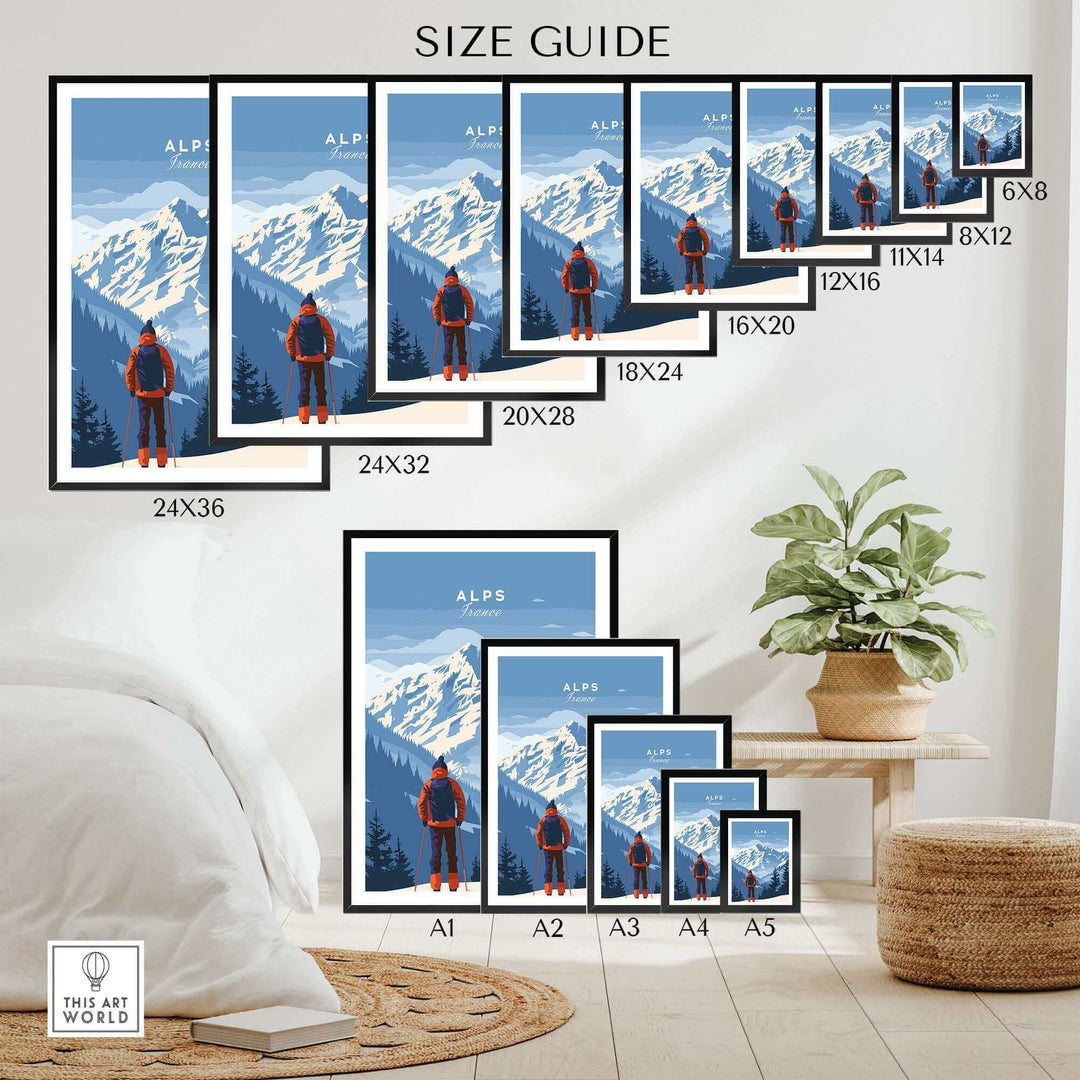 Size guide for Alps Travel Poster featuring various dimensions and designs in a stylish home setting.