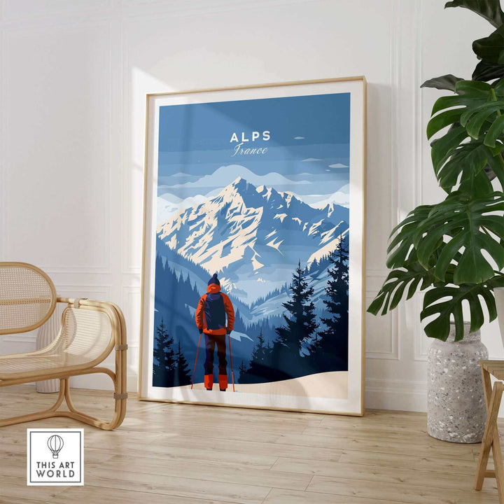 Alps travel poster featuring majestic mountain peaks and a hiker in a cozy interior setting, promoting French adventure inspiration.