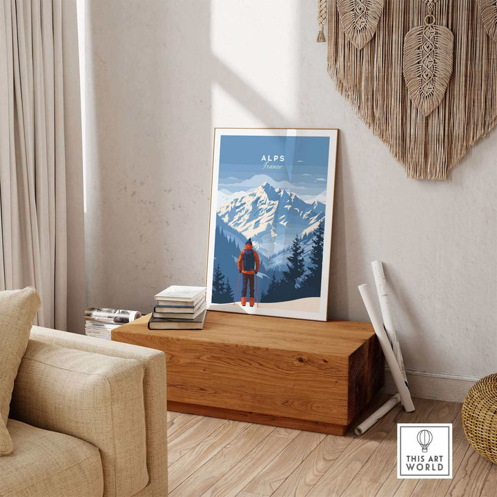 Alps Travel Poster showcasing stunning mountain peaks and a hiker, enhancing home decor with a touch of elegance.