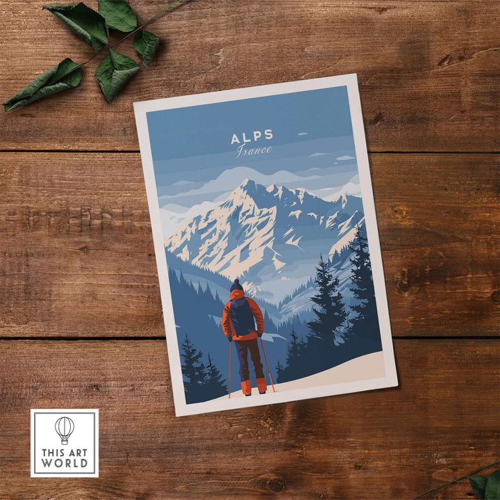 Alps travel poster featuring stunning mountain peaks and a hiker in the French Alps, perfect for home decor.