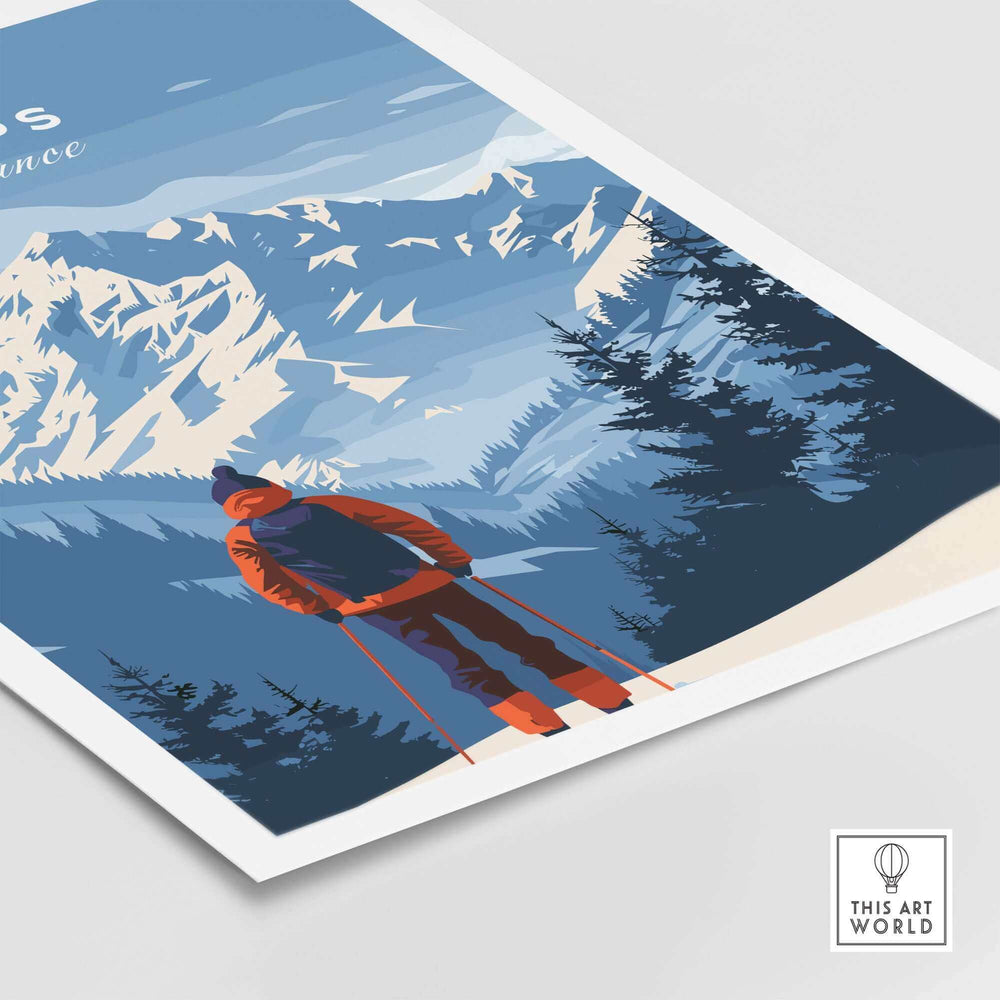 Alps travel poster featuring a skier against stunning mountain scenery in the French Alps, perfect for home decor inspiration.