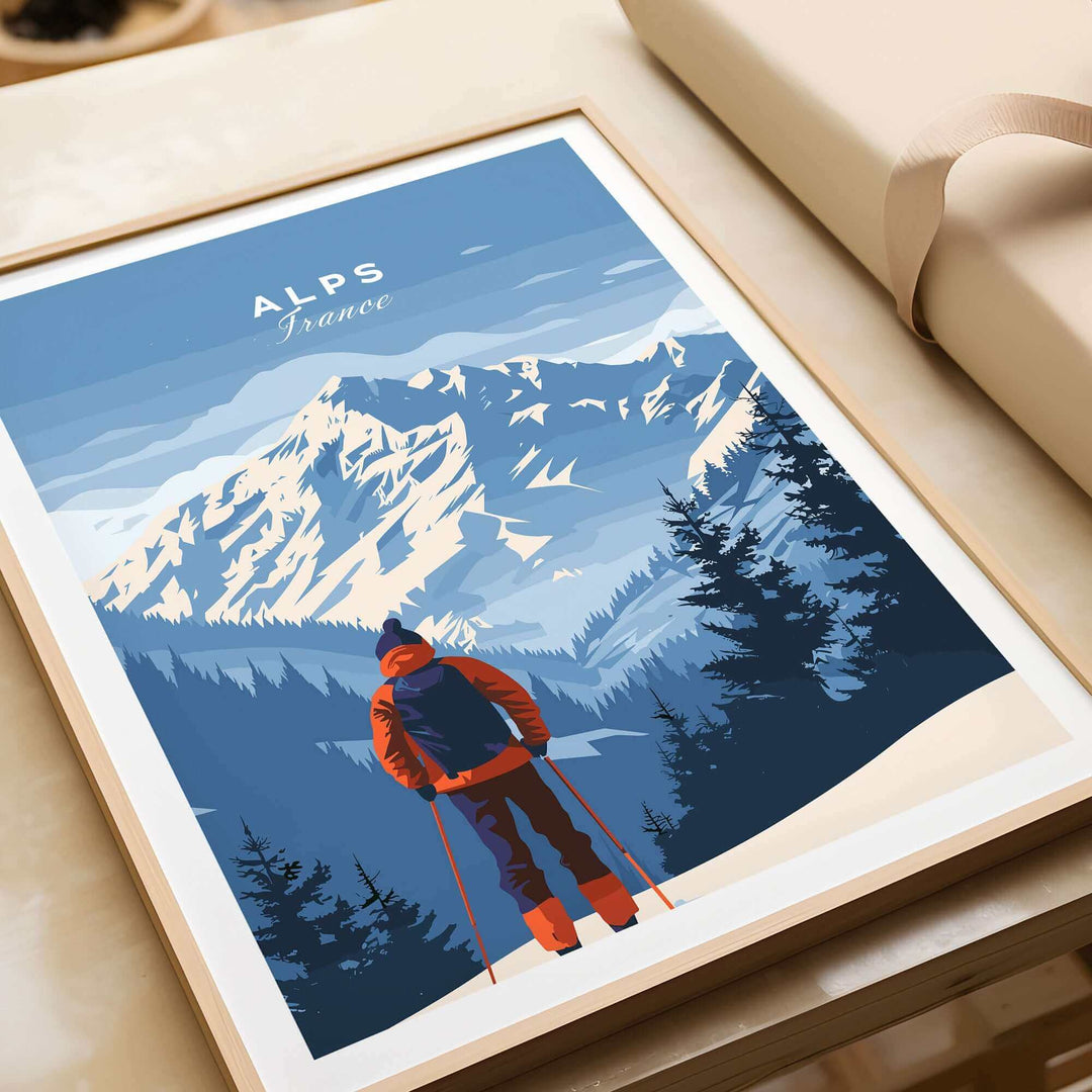 Alps Travel Poster featuring a skier admiring the majestic mountains of France, perfect for home decor and wanderlust inspiration.