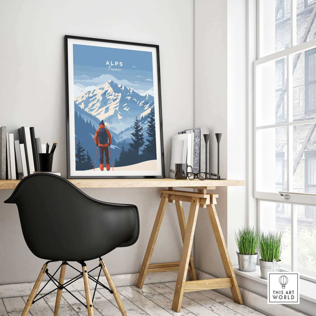 Alps Travel Poster depicting stunning mountain peaks in a stylish home office setting, inspiring wanderlust and elegance.