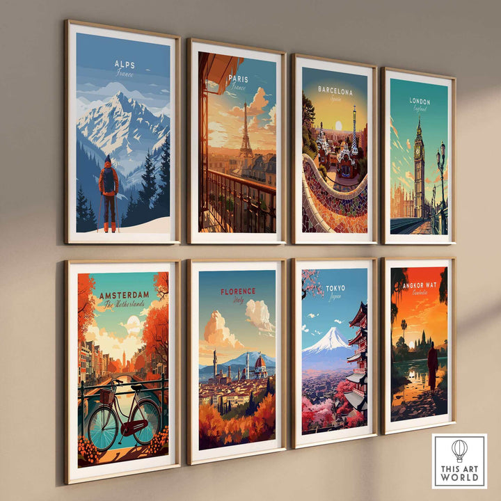 Collection of travel posters featuring the Alps, Paris, Barcelona, London, Amsterdam, Florence, Tokyo, and Angkor Wat.