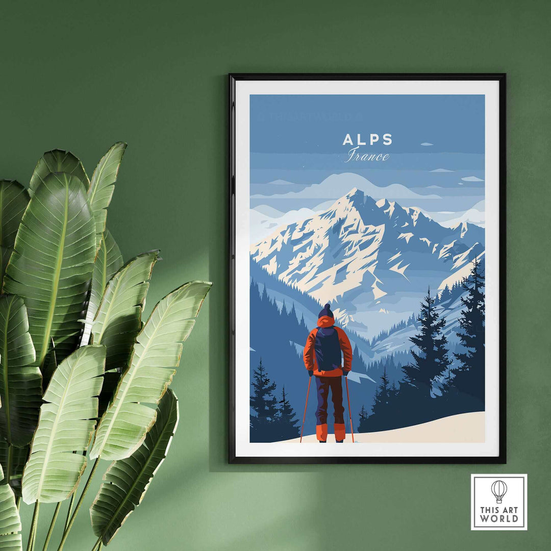 Alps travel poster showcasing stunning French mountain peaks and a serene landscape, perfect for home decor.