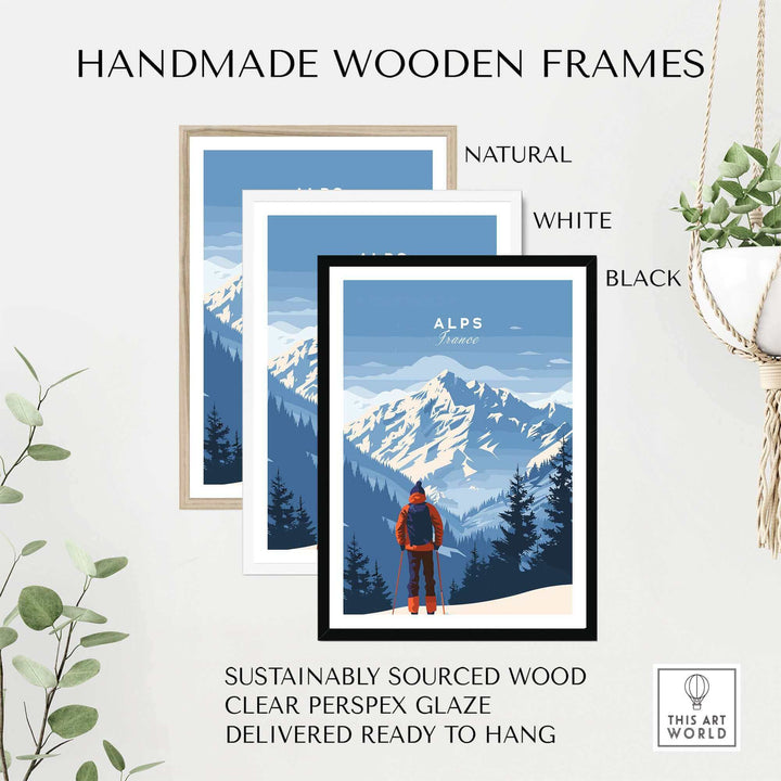 Handmade wooden frames in natural, white, and black for Alps travel poster featuring mountains and a hiker.