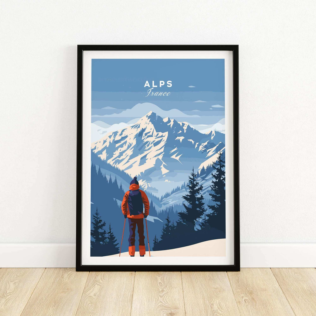 Alps Travel Poster featuring a hiker in front of snow-capped mountains in France, perfect for home decor and wanderlust inspiration.