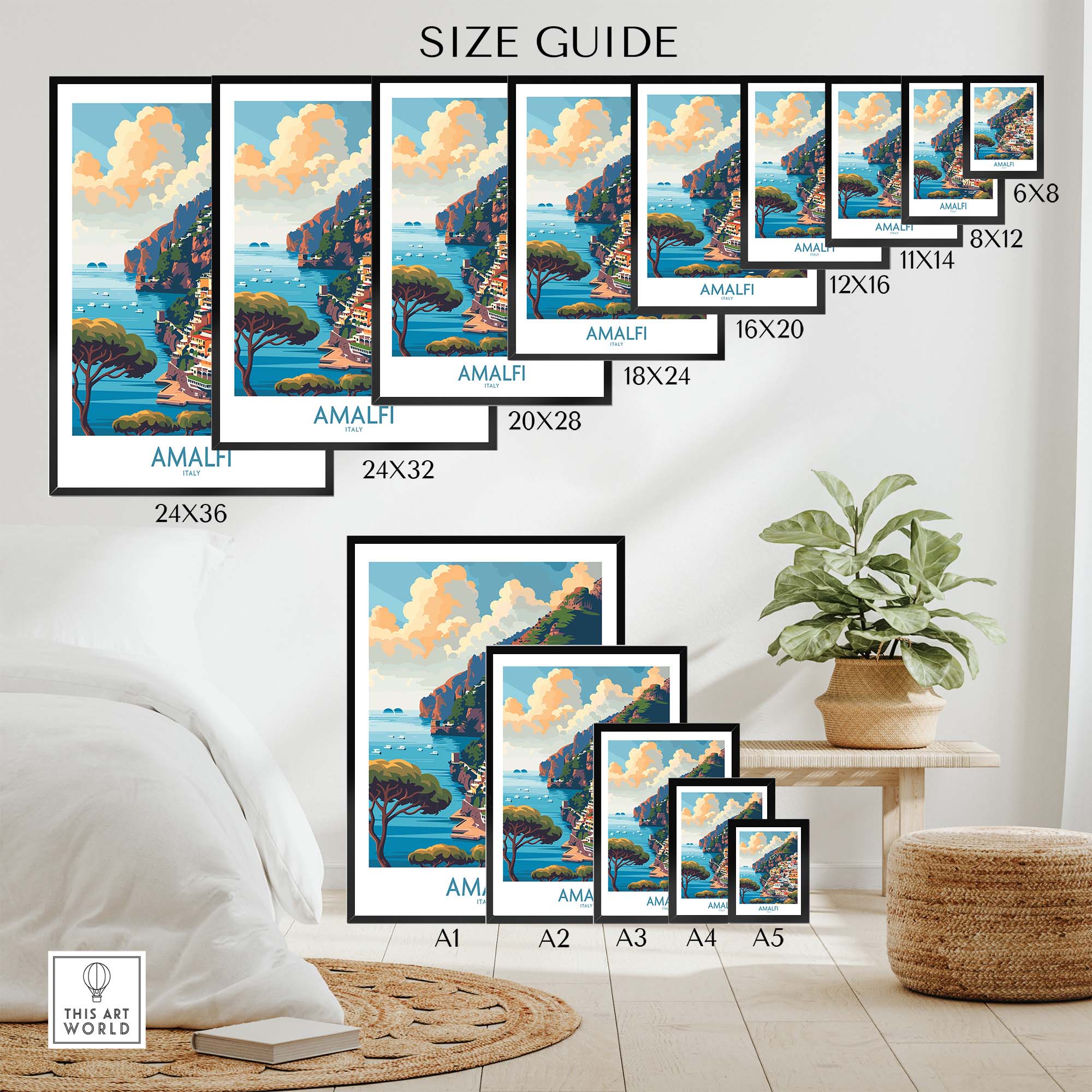 Amalfi Travel Poster - Stunning Italian Coastal View for Home Decor size guide showcasing different print dimensions.