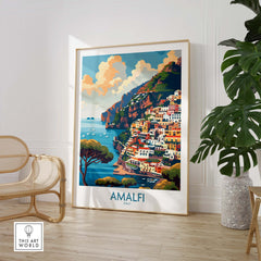 Amalfi Travel Poster - Stunning Italian Coastal View for Home Decor featuring vibrant coastal scenery.