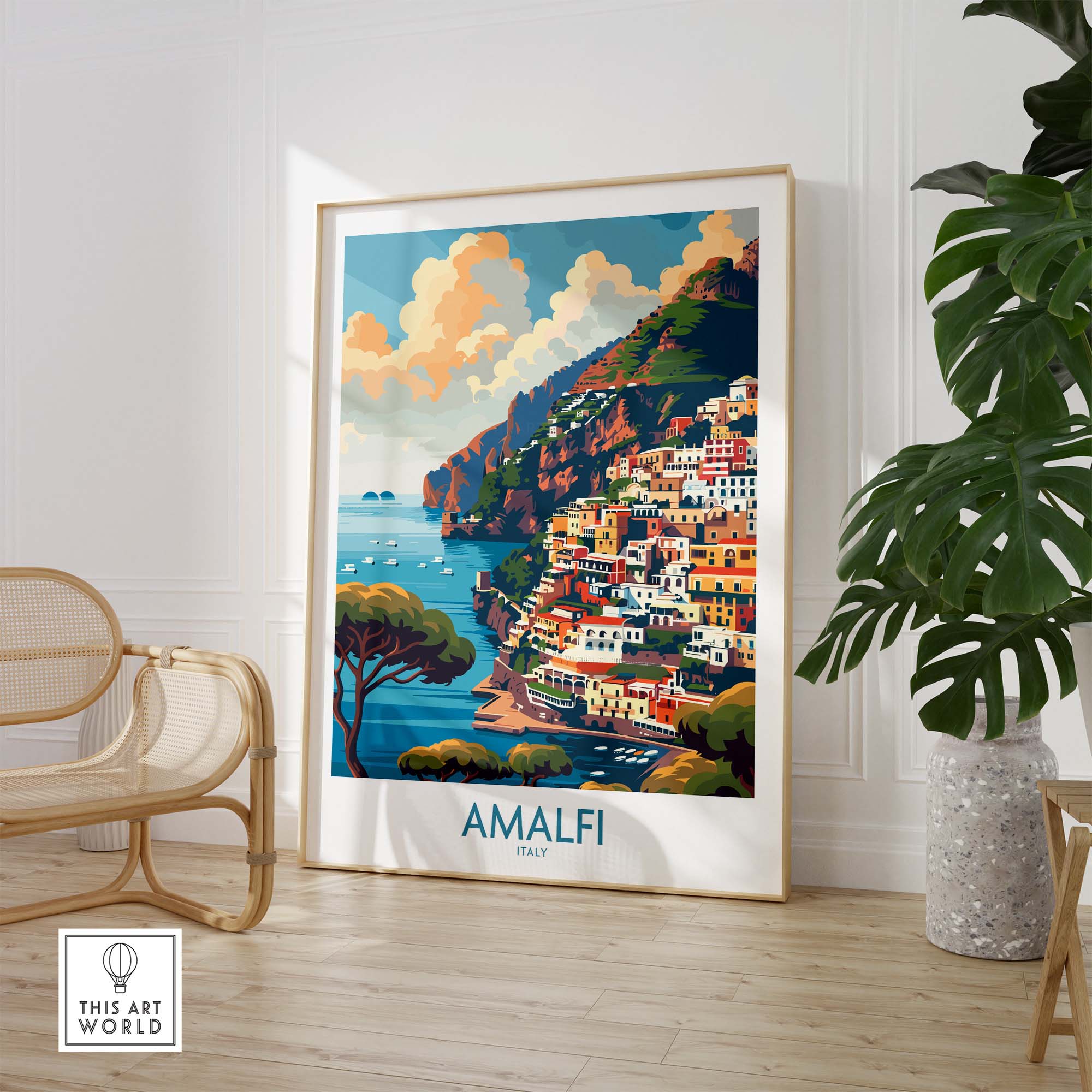 Amalfi Travel Poster - Stunning Italian Coastal View for Home Decor featuring vibrant coastal scenery.