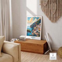 Amalfi Travel Poster - Stunning Italian Coastal View for Home Decor displayed in a cozy living room setting.