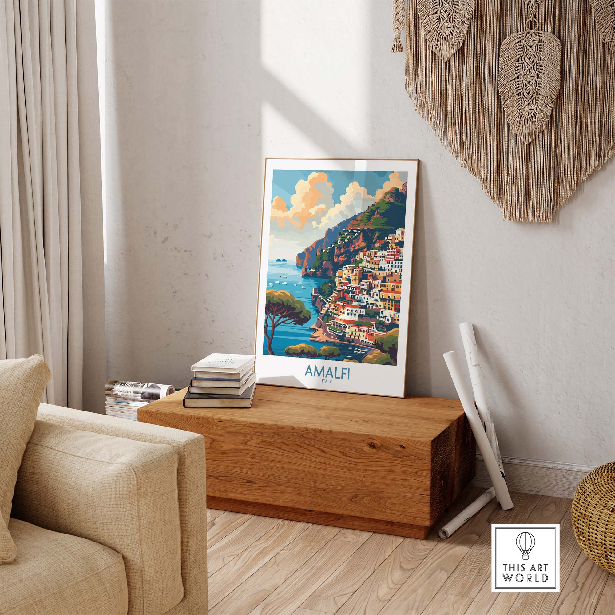 Amalfi Travel Poster - Stunning Italian Coastal View for Home Decor displayed in a cozy living room setting.