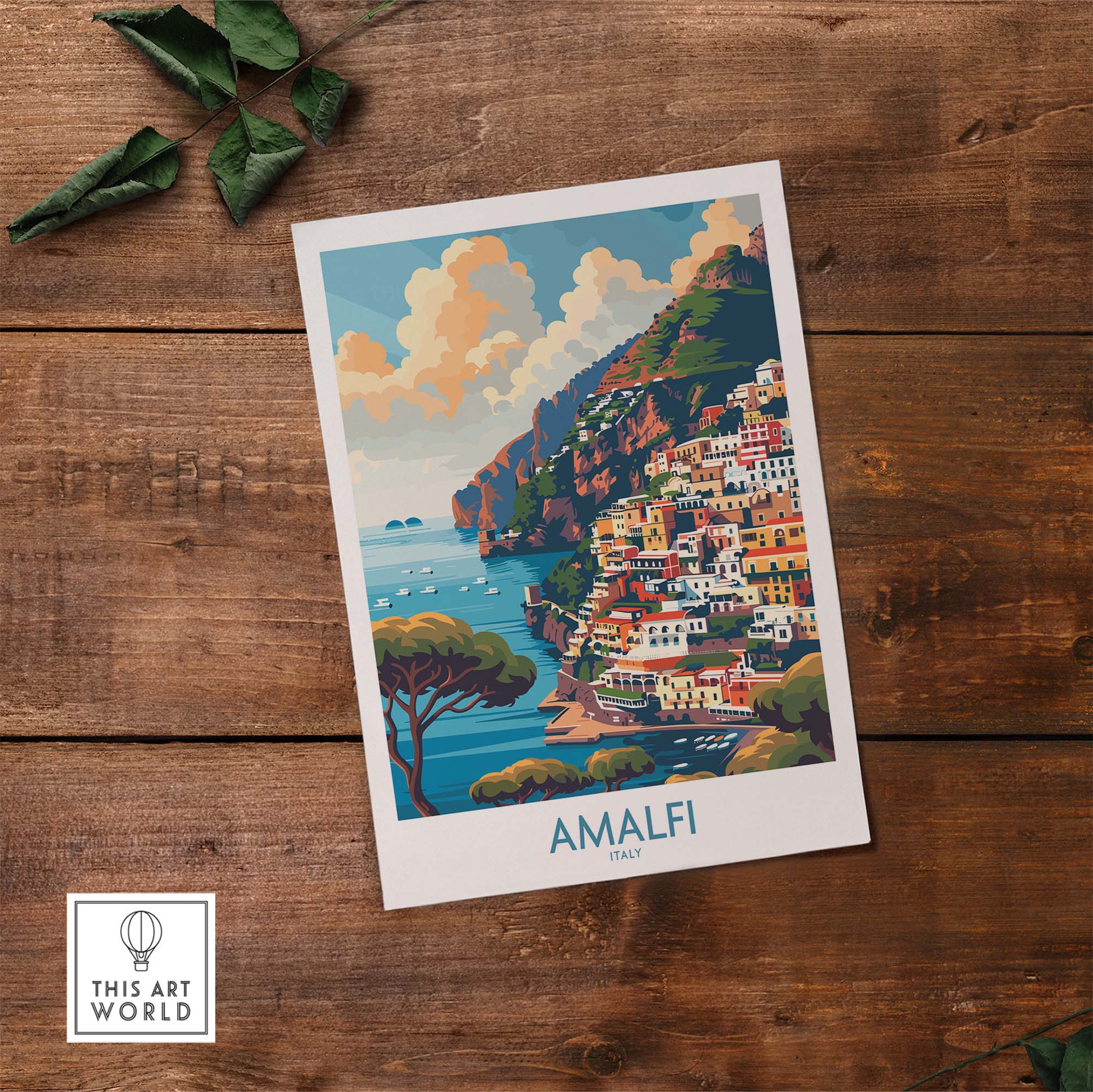 Amalfi Travel Poster - Stunning Italian Coastal View for Home Decor featuring vibrant coastlines and charming villages.