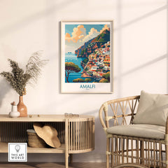 Amalfi Travel Poster - Stunning Italian Coastal View for Home Decor in a cozy living room setting.