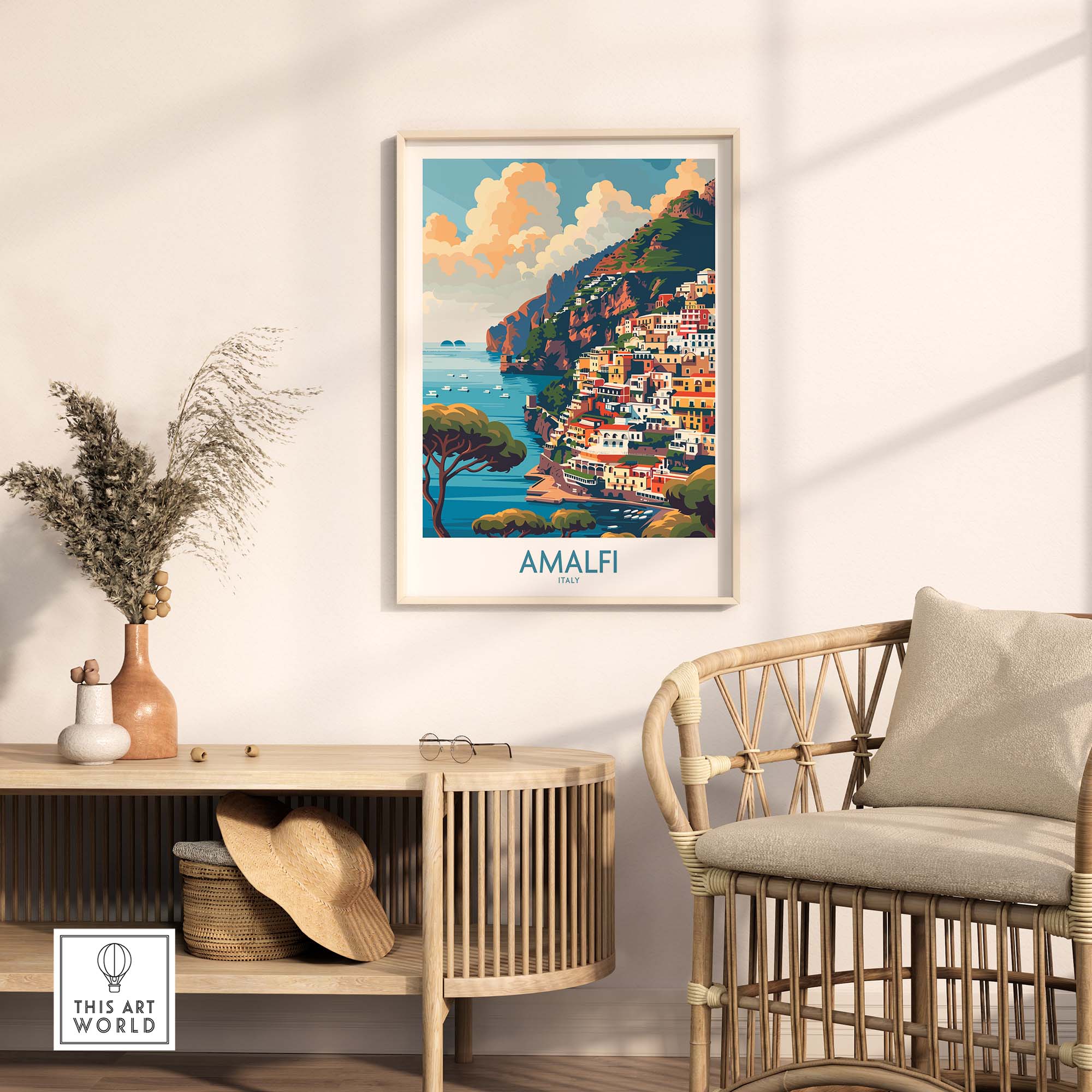 Amalfi Travel Poster - Stunning Italian Coastal View for Home Decor in a cozy living room setting.