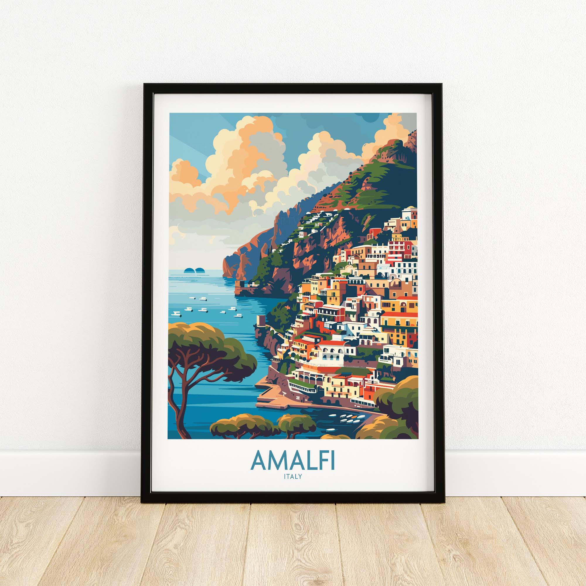 Amalfi Travel Poster - Stunning Italian Coastal View for Home Decor showcasing the picturesque Amalfi Coast.