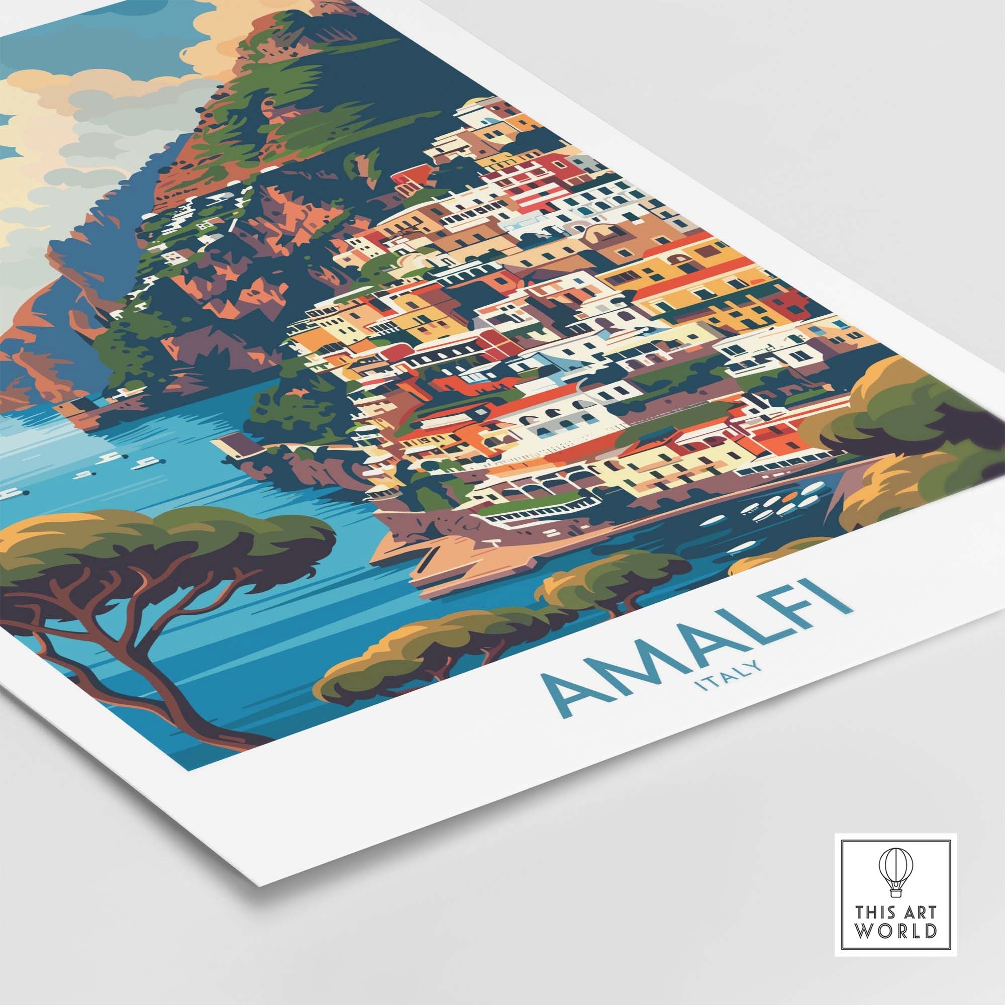 Amalfi Travel Poster - Stunning Italian Coastal View for Home Decor with vibrant coastal scenery and colorful houses.