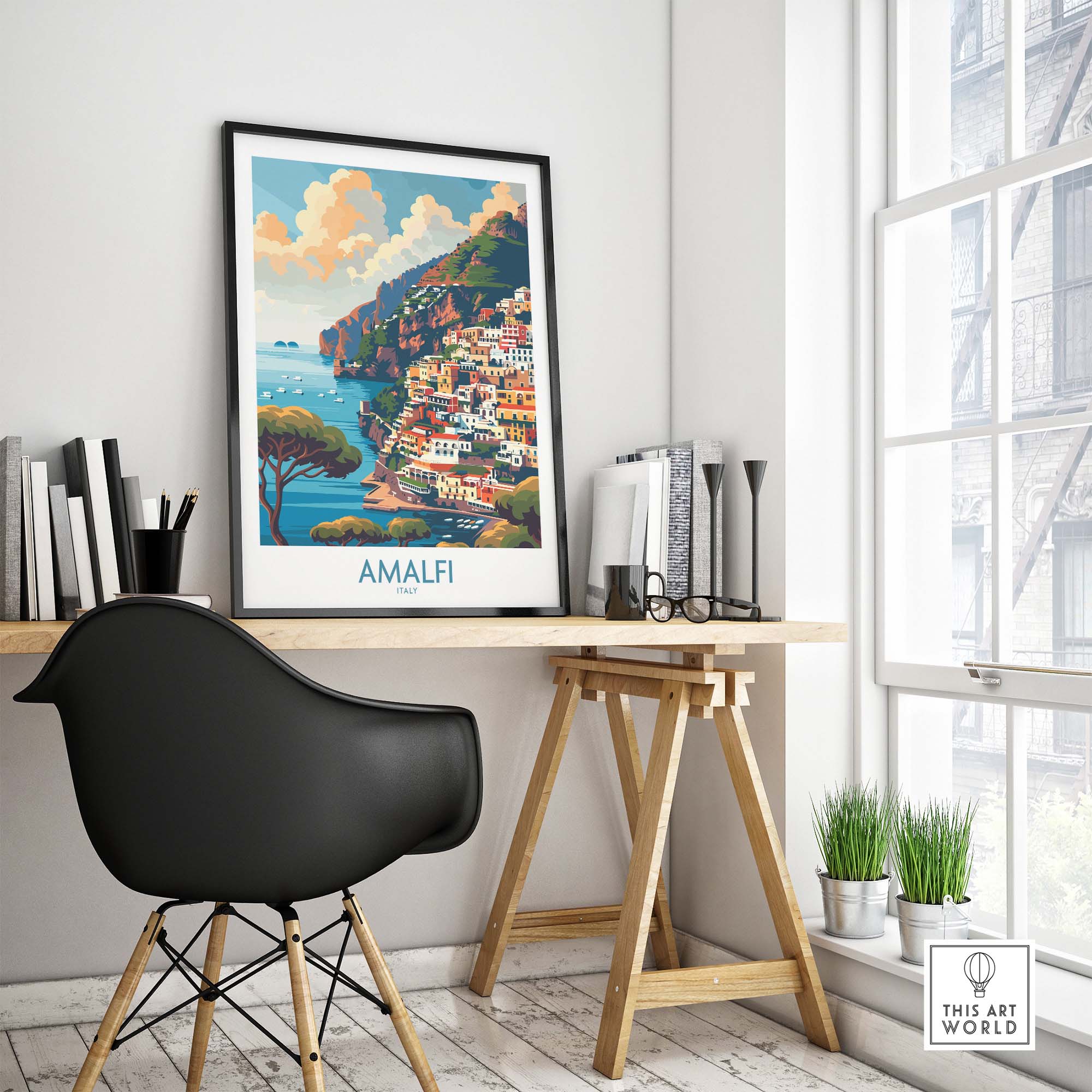 Amalfi Travel Poster - Stunning Italian Coastal View for Home Decor displayed on a desk in a stylish home office.