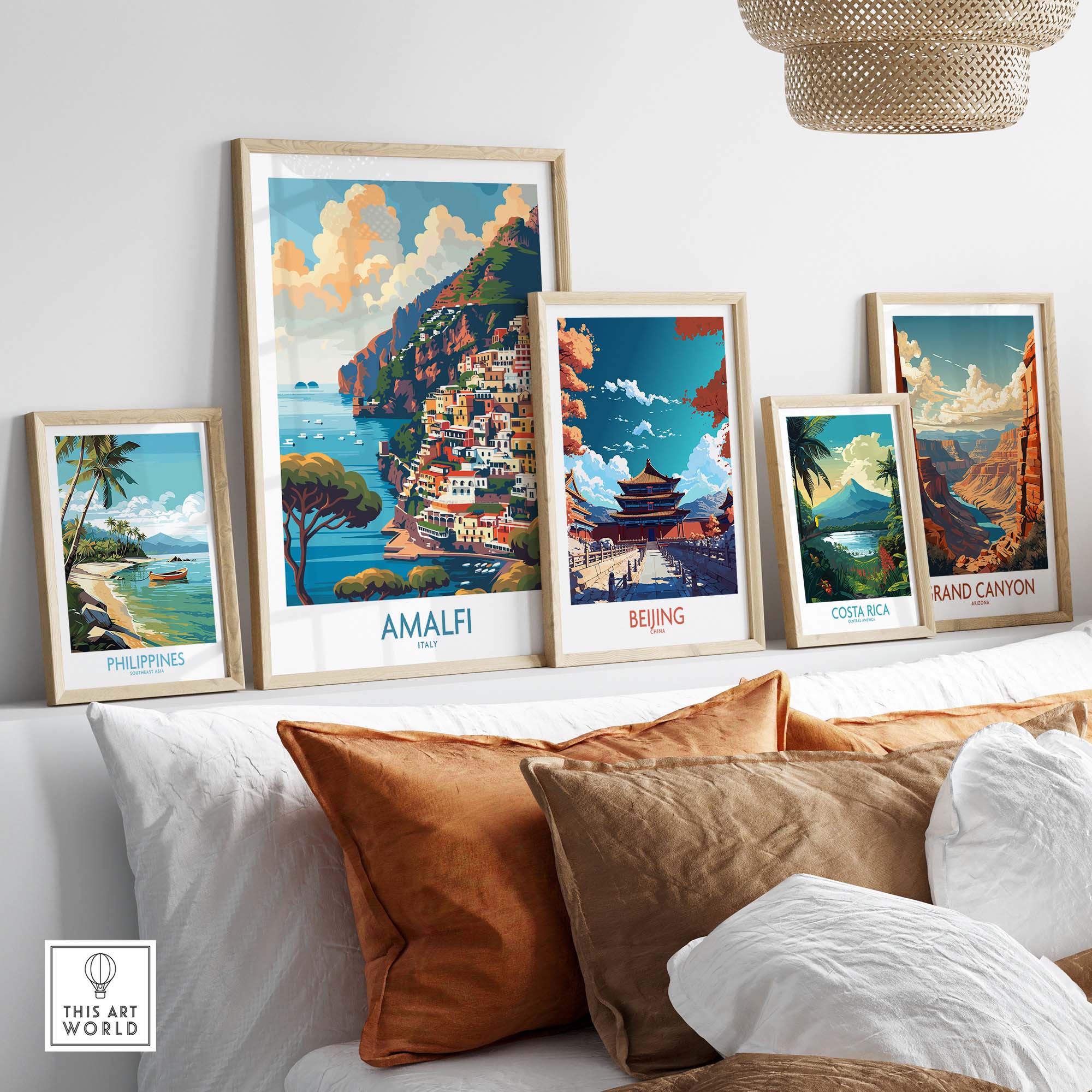 Amalfi Travel Poster - Stunning Italian Coastal View for Home Decor displayed alongside other travel posters in a stylish setting.