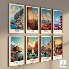 Amalfi Travel Poster - Stunning Italian Coastal View for Home Decor displayed among other city posters on a wall.
