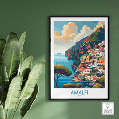 Amalfi Travel Poster - Stunning Italian Coastal View for Home Decor, vibrant print of Amalfi Coast with colorful scenery.