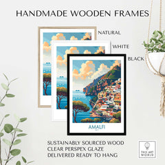 Amalfi Travel Poster - Stunning Italian Coastal View for Home Decor in handmade wooden frames