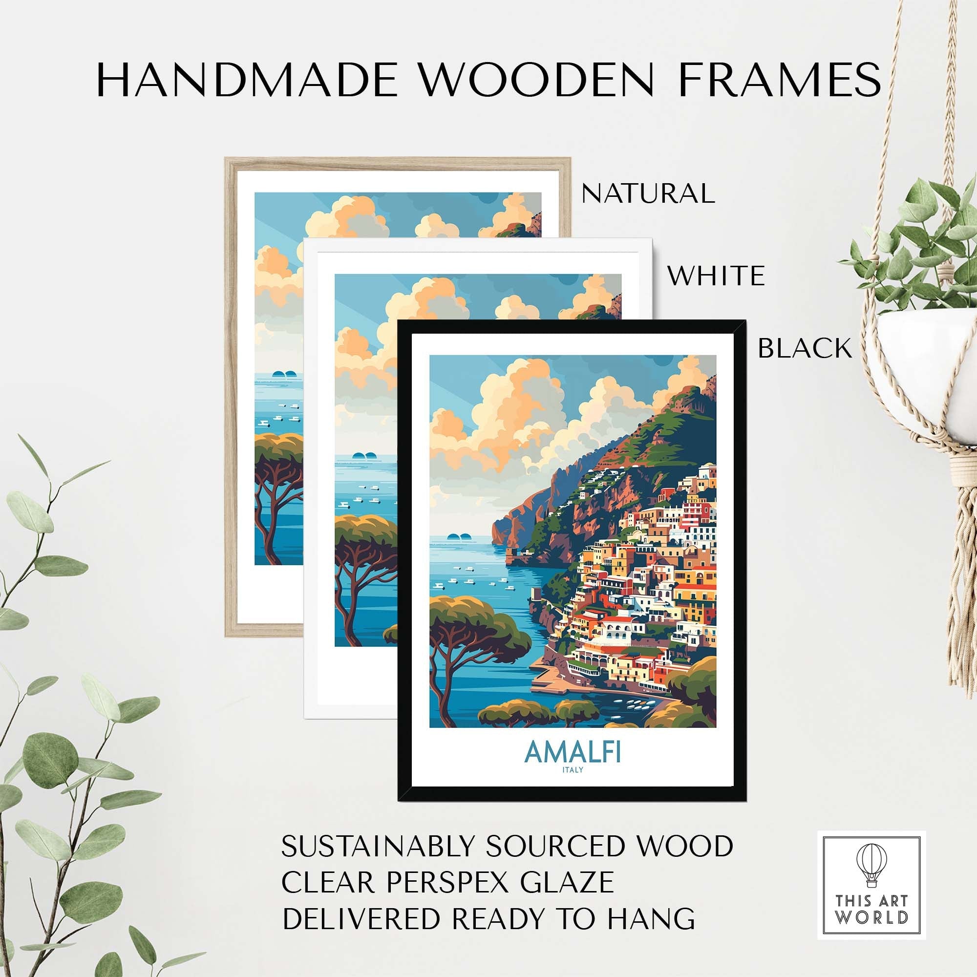 Amalfi Travel Poster - Stunning Italian Coastal View for Home Decor in handmade wooden frames