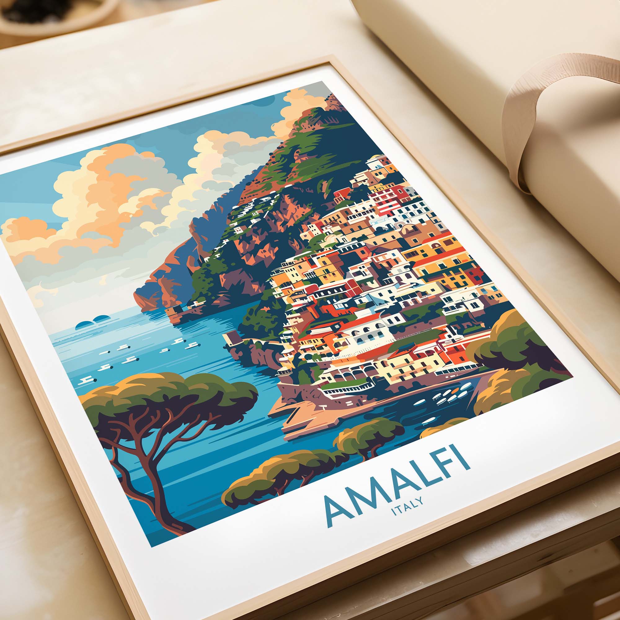 Amalfi Travel Poster - Stunning Italian Coastal View for Home Decor featuring colorful seaside landscape.