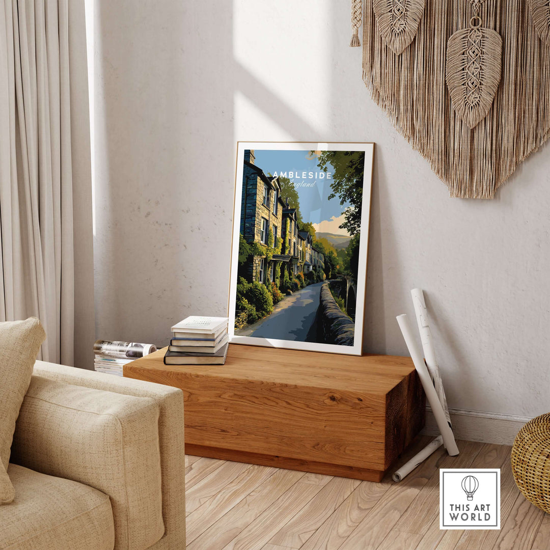 Ambleside Cumbria Stone Buildings Print | English Countryside Wall Decor in a stylish home setting on a wooden table.