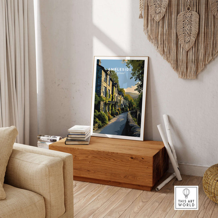 Ambleside Cumbria Stone Buildings Print | English Countryside Wall Decor in a stylish home setting on a wooden table.