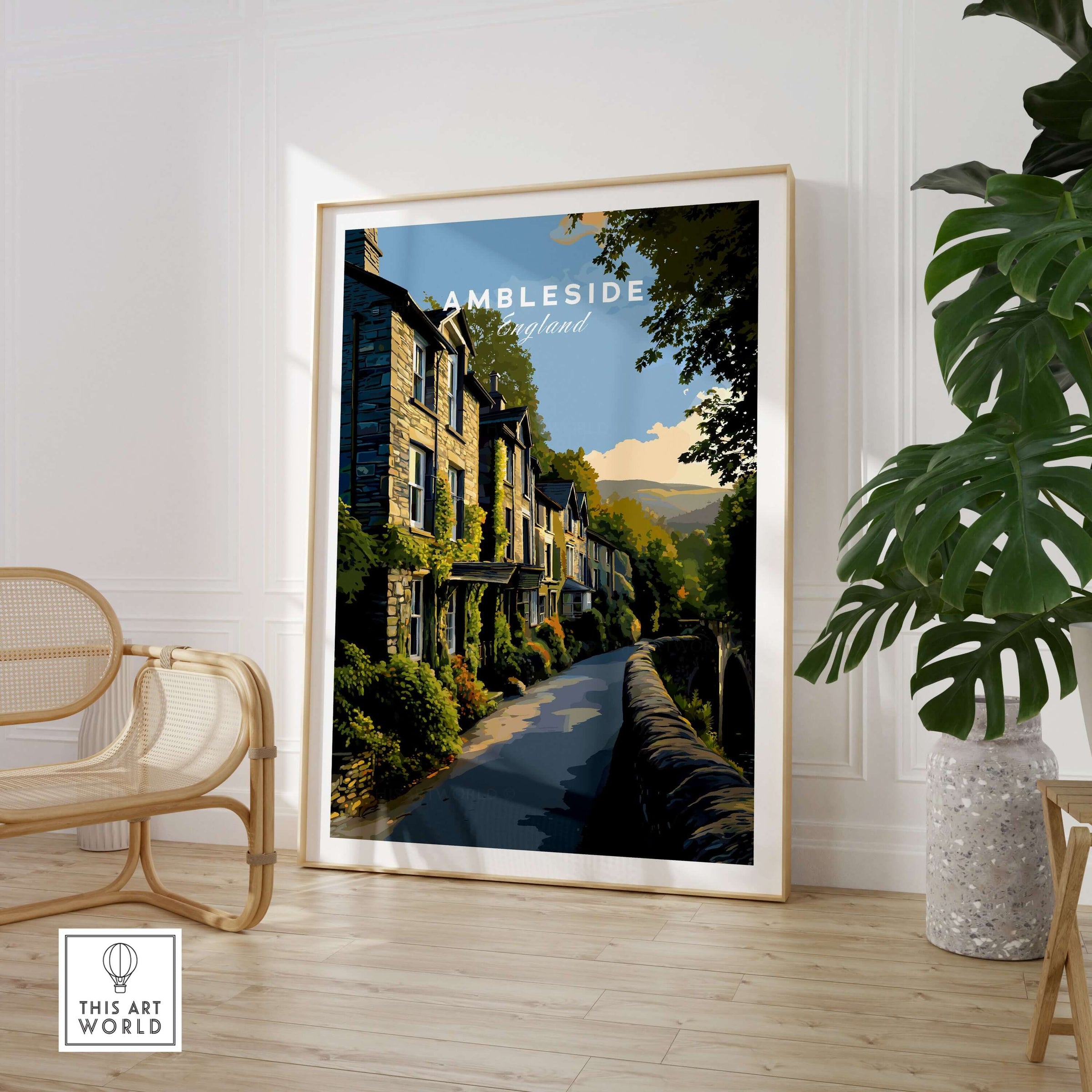 Ambleside Cumbria Stone Buildings Print | English Countryside Wall Decor showcasing picturesque stone homes in a charming setting.
