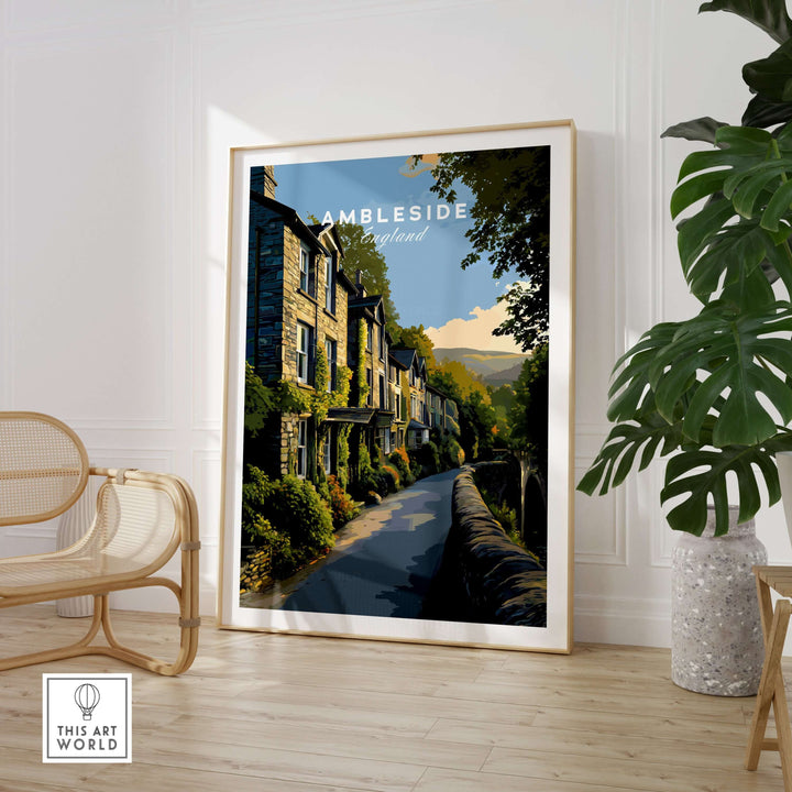 Ambleside Cumbria Stone Buildings Print | English Countryside Wall Decor featuring picturesque stone houses.