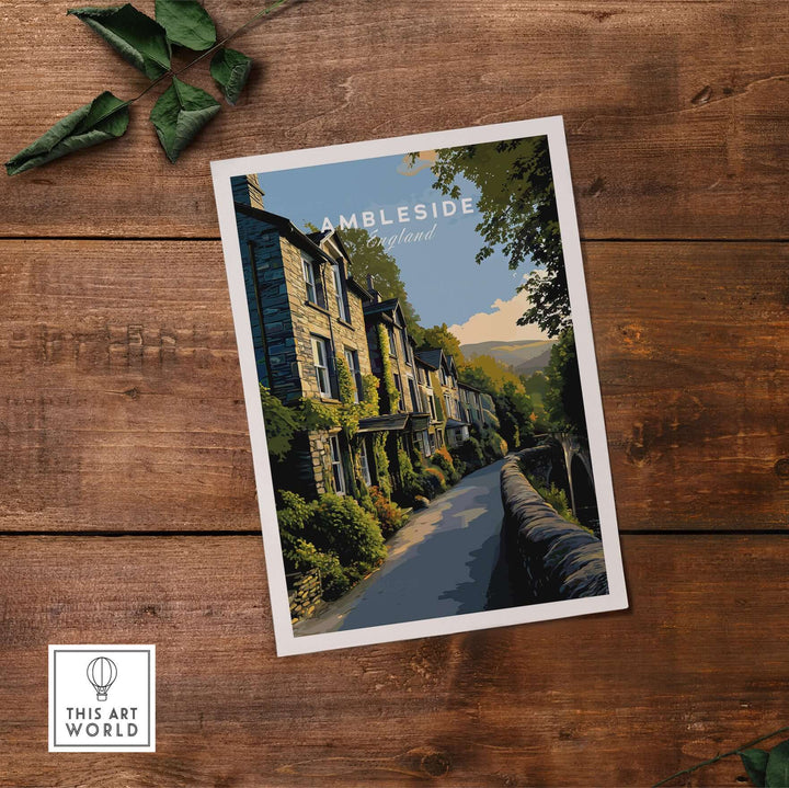 Ambleside Cumbria Stone Buildings Print | English Countryside Wall Decor showcasing charming stone buildings in a serene setting.