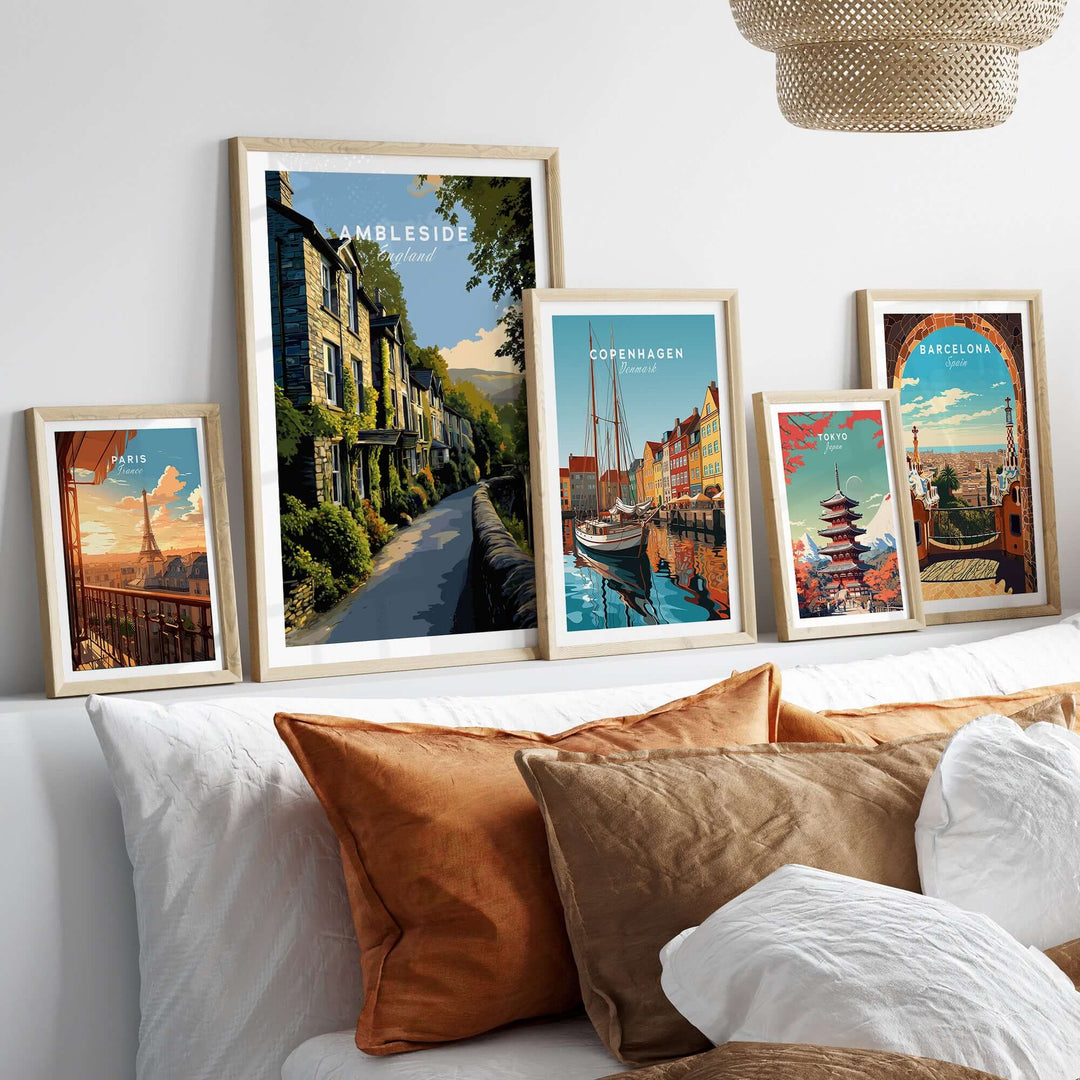 Ambleside Cumbria Stone Buildings Print | English Countryside Wall Decor displayed in an elegant home setting with other framed prints.