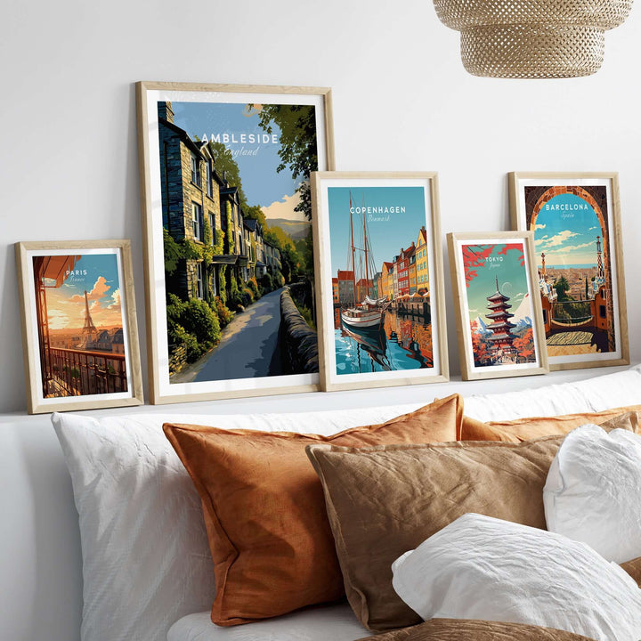 Ambleside Cumbria Stone Buildings Print | English Countryside Wall Decor displayed in an elegant home setting with other framed prints.