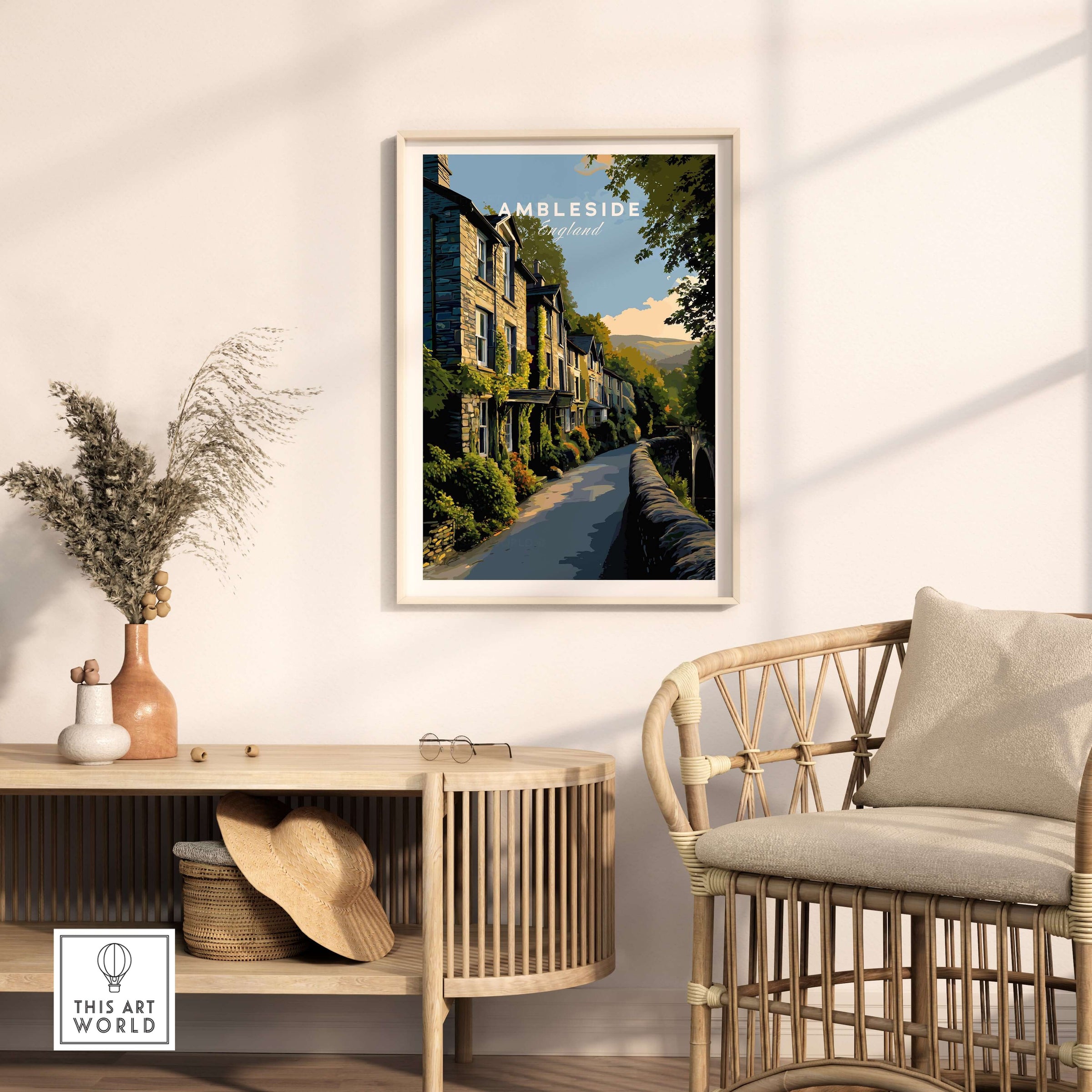 Ambleside Cumbria Stone Buildings Print | English Countryside Wall Decor in modern home interior setting.
