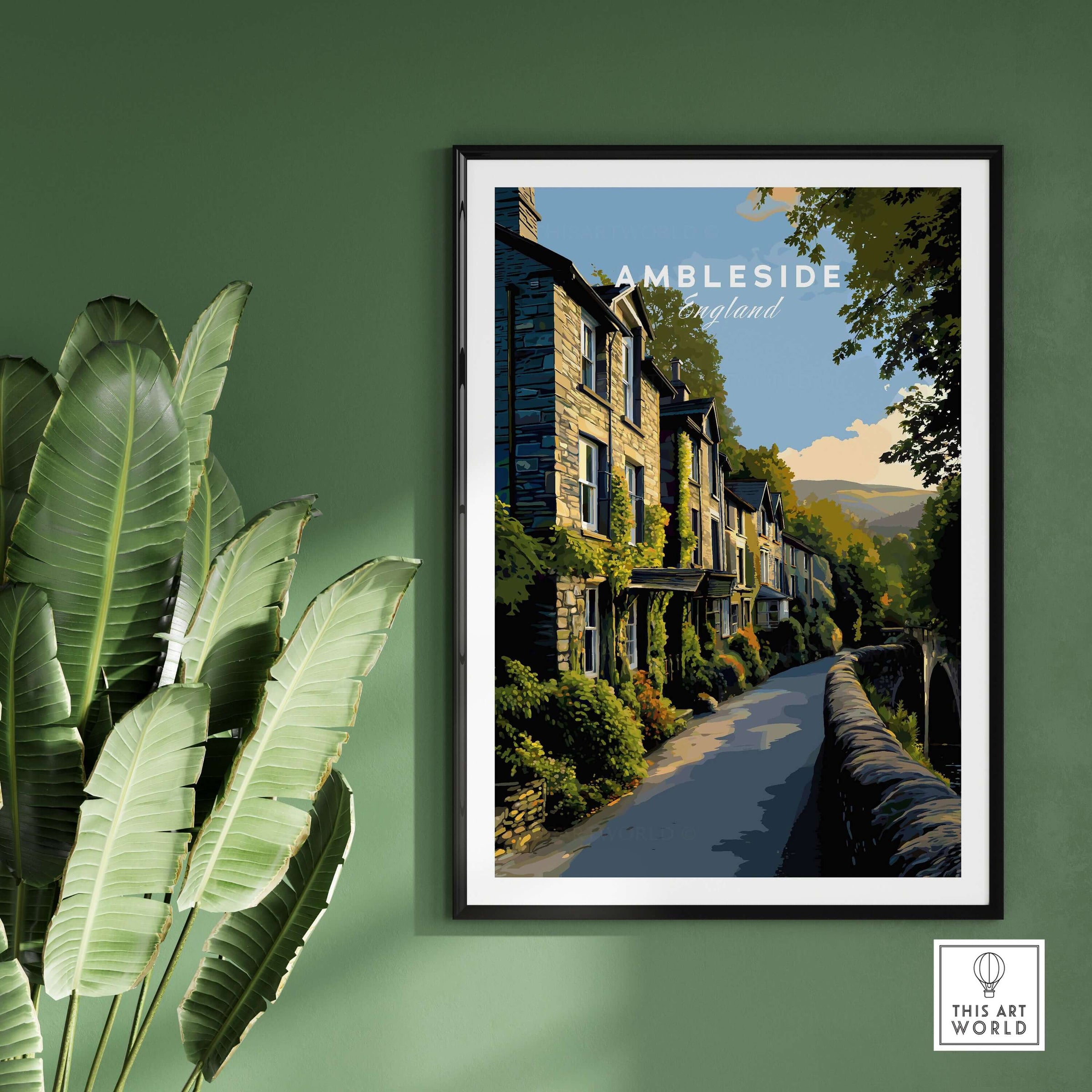 Ambleside Cumbria Stone Buildings Print | English Countryside Wall Decor displayed in a stylish frame against a green wall.