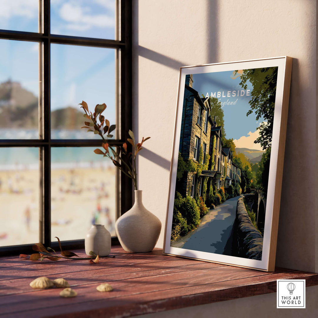 Ambleside Cumbria Stone Buildings Print | English Countryside Wall Decor displayed on a windowsill with natural light.