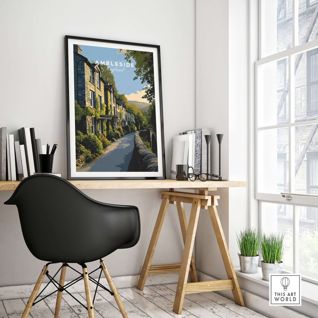 Ambleside Cumbria Stone Buildings Print | English Countryside Wall Decor displayed in a stylish home office setting.