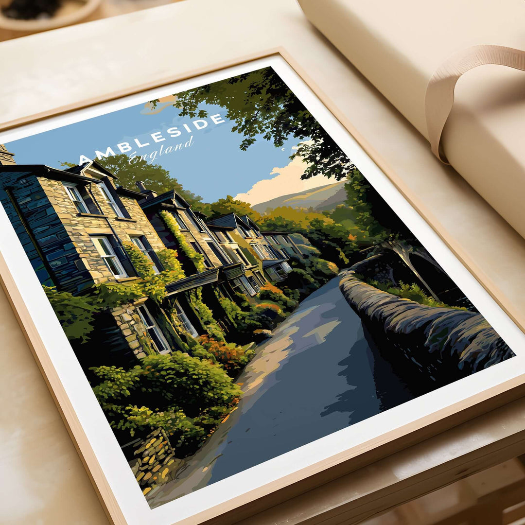 Ambleside Cumbria Stone Buildings Print | English Countryside Wall Decor featuring traditional stone houses in England.