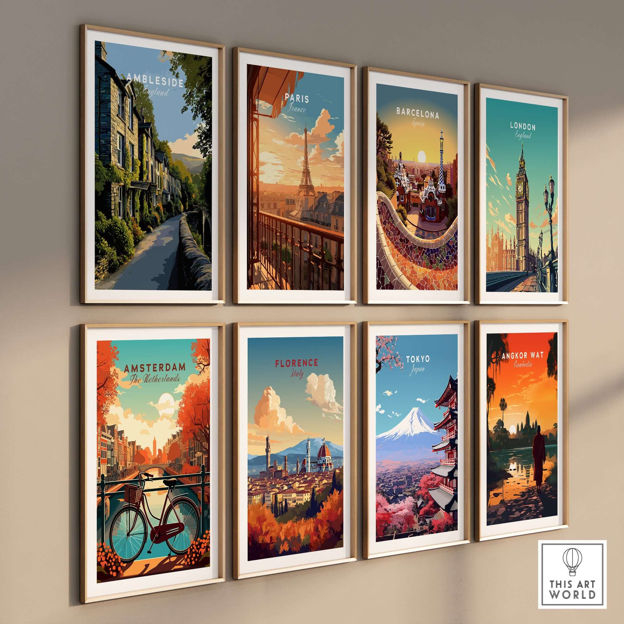 Ambleside Cumbria Stone Buildings Print | English Countryside Wall Decor showcased among various city prints.