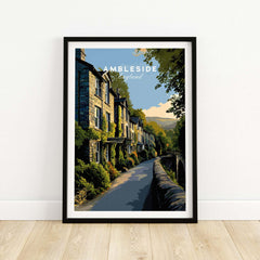 Ambleside Cumbria Stone Buildings Print | English Countryside Wall Decor, showcasing traditional stone buildings in a scenic landscape.
